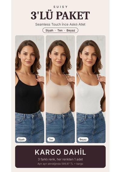 Suısy Seamless Touch İnce Askılı Atlet 3'lü Paket Gri - Siyah - Ten Çok Renkli