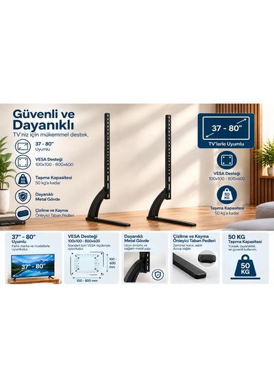 Omniax 37''- 80''arası Uyumlu Tv Standı Lcd Led Tv Ayagı Masa Üstü Kullanım