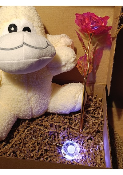 Kutulu Hediye Seti / Peluş Kuzu 24cm - Renk Değiştiren Işıklı Anahtarlık - Sonsuzluk Gülü
