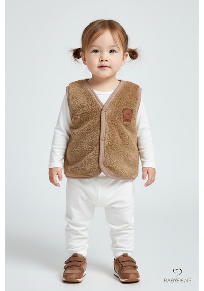 Babyden's Welsoft Kız Bebek Çocuk Çıtçıtlı Yelek Yumuşak Dokulu,ayıcık Armalı,peluş Bebek Yeleği Kahverengi