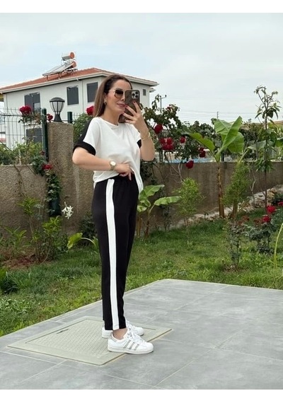 Defymoda Kadın Modal Dokulu Kumaş Yanı Şeritli Takım Siyah