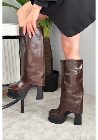 Preshley Kadın Herney Kahverengi Kırışık Rugan 12 Cm Platfom Topuklu Tak Çıkart Bot Çizme Koyu Kahverengi Preshley Kadın Herney Kahverengi Kırışık Rugan 12 Cm Platfom Topuklu Tak Çıkart Bot Çizme Koyu Kahverengi