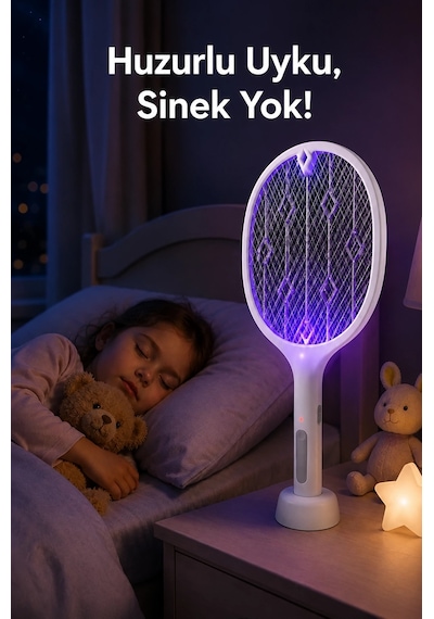 Şarjlı Sinek Öldürücü Sivrisinek Raketi Elektrikli Karasinek Haşere Kovucu Mor Işıklı Sineklik Aleti