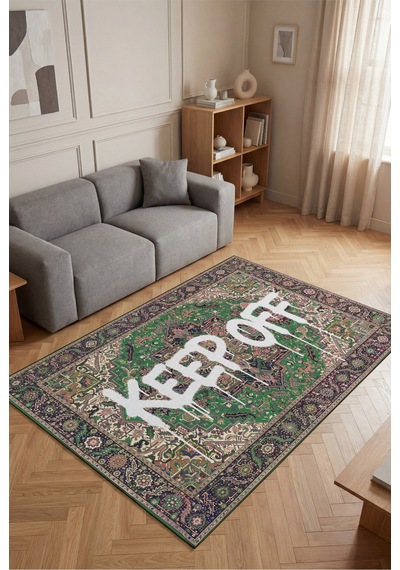 Deira 01 Yeşil Vintage Eskitme Keep Off Yazılı Etnik Motifli Renkli Antre Ofis Ev Oda Salon Halısı