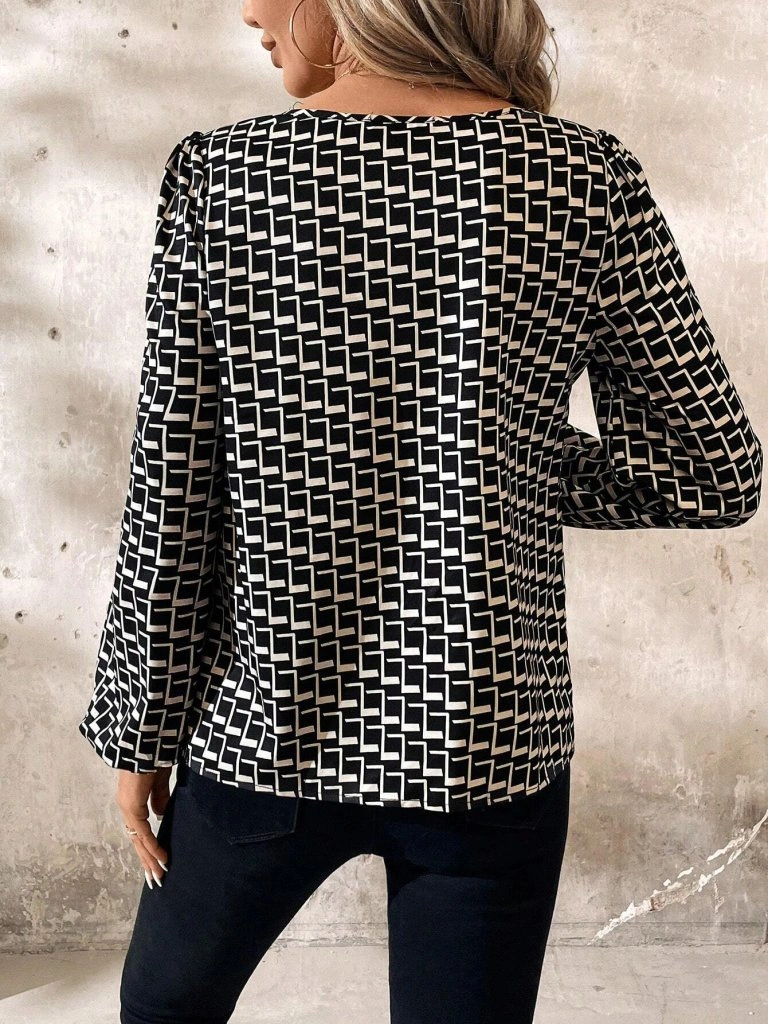 Ahes Shopping Kadın Uzun Kollu Damla Detaylı Yaka Desenli Süprem Bluz Siyah