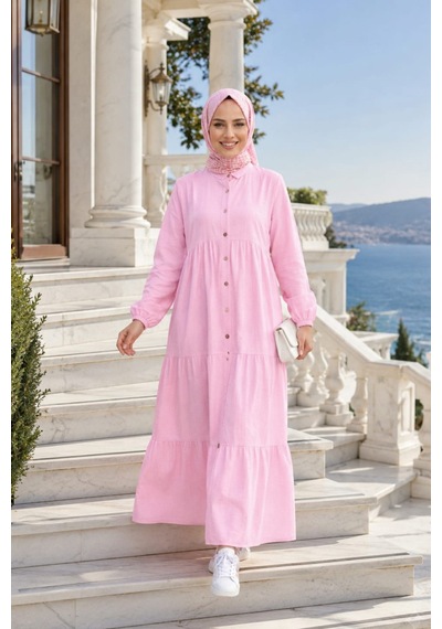 Hb Harma Time Butik Kadın Düğmeli Kat Detaylı Keten Pembe Elbise Pembe Pembe