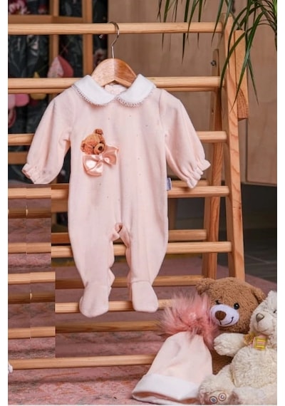 Lamato Baby Taşlı Fiyonklu Ayı Baskılı Şapkalı Bebe Kız Tulum SOMON