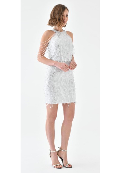 Hanife Glam Couture Hanife Glam Halter Yaka Taş Tasarımlı Saçaklı Pul Payet Mini Elbise Gümüş