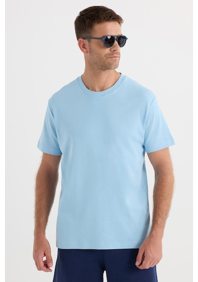 Tudors Unisex Relax Fit Rahat Kesim %100 Pamuk Yumuşak Dokulu Hafif Kalın Mavi Bisiklet Yaka Tişört-34938 Mavi