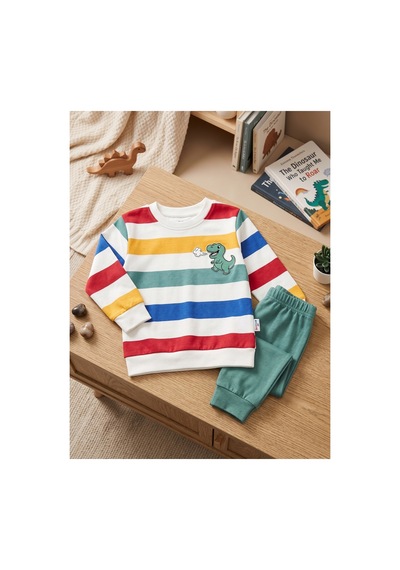 Deniva Kids Erkek Bebek Yeşil Çizgili Dinozor Nakışlı %100 Pamuk Sweatshirt Eşofman Alt Üst Takım