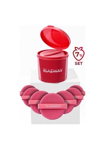 7 Li Yuvarlak Pudra Pufu Makyaj Süngeri Seti Islak/kuru Parmak Bantlı Kutulu Strawberry Pembe