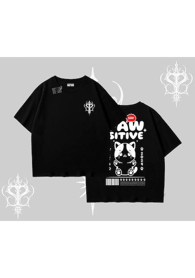 Tarzsokak Paw Sitive Kedi Arka Baskılı Oversize Tshirt Siyah