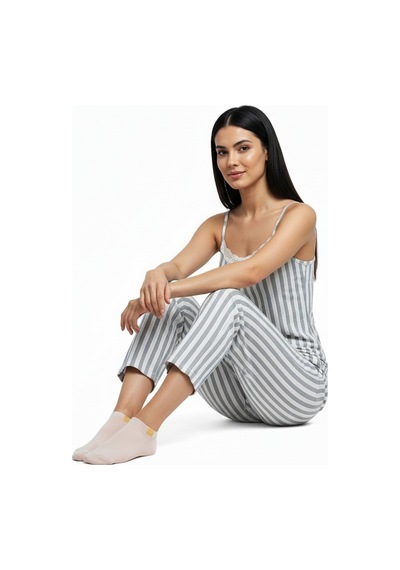 Kadın Rahat Ev & Uyku Pijama Takımı Gri Çizgili Desen Gri