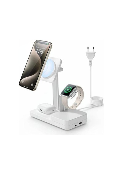 65w Magsafe 5 İn 1 Şarj Standı Halolock iPhone + AirPods + Apple Uyumlu Watch + Type-c + Usb-a - Beyaz