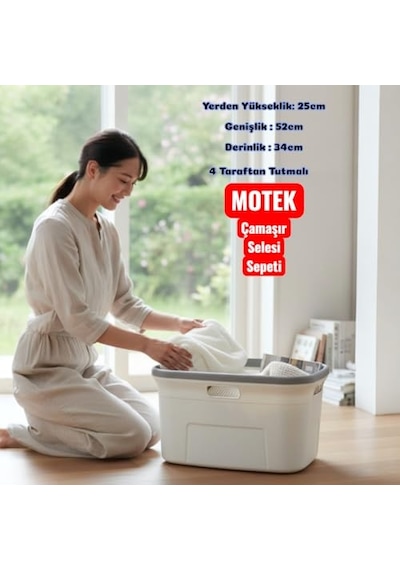 Motek 4 Taraflı Tutulabilen Çamaşır Sepeti Selesi Beyaz Gri Diğer