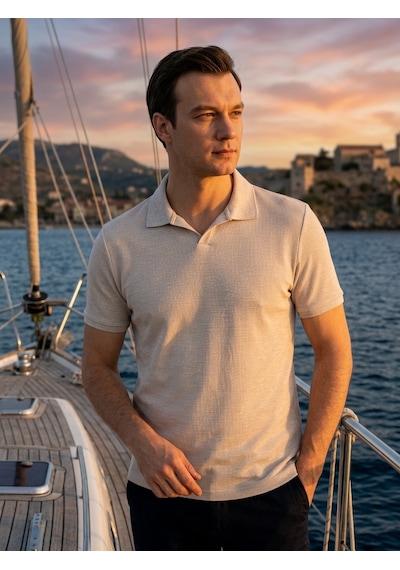 Süvari Regular Waffle Kumaş V Patlı Polo Yaka Nefes Alabilen T-shirt Bej