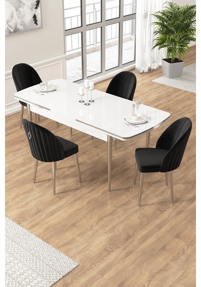 Canisa Edaf Serisi 80x132 Açılabilir Beyaz Mutfak Masa Takımı 4 Siyah Sandalye Krom Detay Masa Beyaz Sandalye Siyah Krom Ayak Canisa Edaf Serisi 80x132 Açılabilir Beyaz Mutfak Masa Takımı 4 Siyah Sandalye Krom Detay Masa Beyaz Sandalye Siyah Krom Ayak
