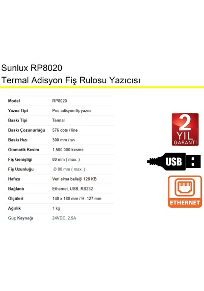 Sunlux Rp8020 Adisyon Rulo Fiş Yazıcısı Kağıt Genişiliği:80 Mm