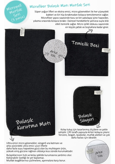 Siyah Microwell 3 Prç Set Microfiber Bulaşık Kurutma Matı 3'lü Mutfak Seti Kurulama Bezi Örtüsü