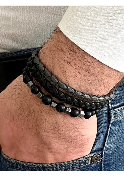 Siyah Renk %100 Deri&onix Taş 3lü Kombin Erkek Bileklik Set 21 Cm Türk El Üretimi Siyah