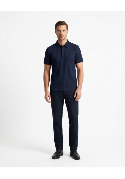Özeniş Erkek Polo Yaka Slim Fit Çizgili Desen Kaşkorse T-shirt Lacivert
