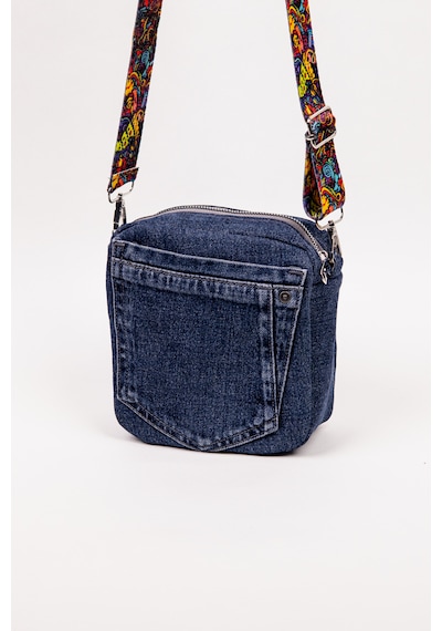 Fabric Craft Bag Kadın Çapraz Çanta Denim Kot Cepli Desenli Askılı Özel Seri 21x21 Cm Lacivert