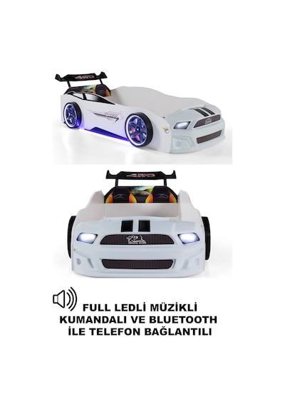 Beyaz Arabalı Yatak Sport Mst Full Ledli Kumandalı Ve Müzikli 90x190 Cm