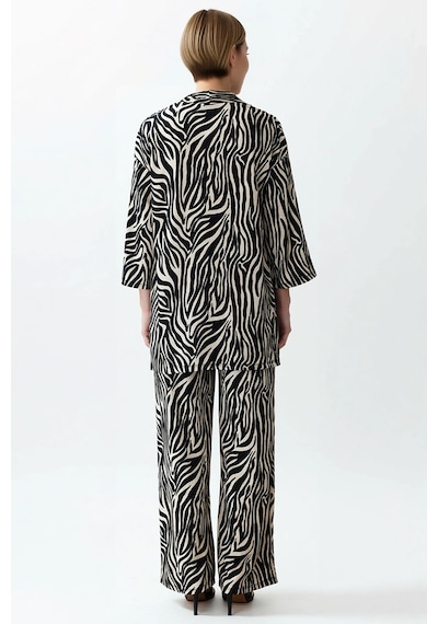 Benerly Kadın Büyük Beden Leopar Desenli Oversize Kimono Takım Geniş Paça siyah