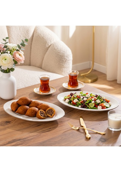 Porsima 4441 Gardenya Porselen Platin Fileli Kayık Tabak Seti - Oval Kahvaltılık Sunumluk Seti 30cm Beyaz