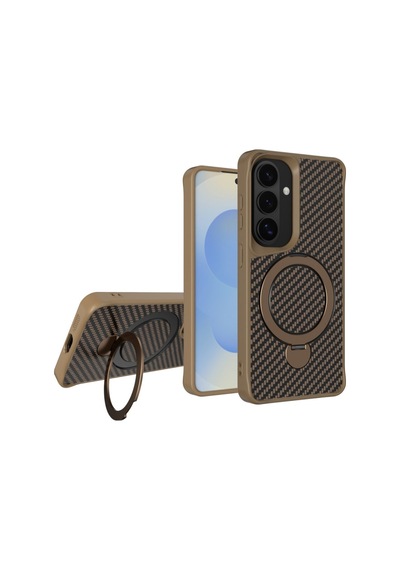 Teleplus Samsung Galaxy Uyumlu  S26 Plus Kılıf Karbon Fiber Magsafeli 360 Dönerli Standlı Alp Kapak Kahverengi