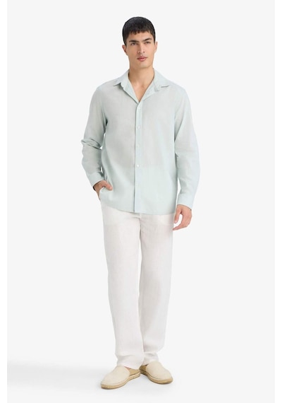 Defacto Regular Fit Polo Yaka Keten Karışımlı Yazlık Uzun Kollu Gömlek E0518ax25smgn1260 Yeşil