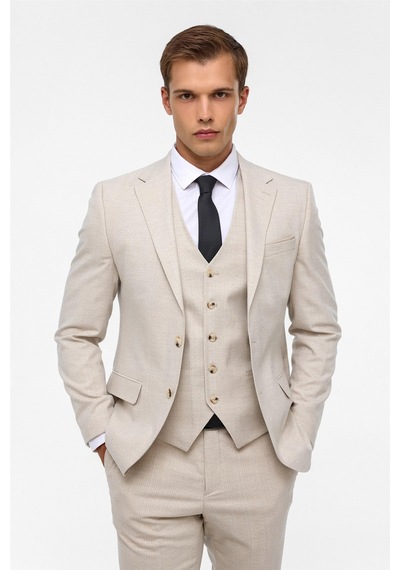 Süvari Ekru Slim Fit Desenli Mono Yaka 6 Drop Yelekli Klasik Takım Elbise Süvari Ekru Slim Fit Desenli Mono Yaka 6 Drop Yelekli Klasik Takım Elbise