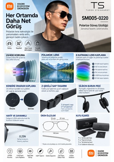 Xiaomi Ts Polarize Güneş Gözlüğü Tac Lens Pilot Aviator Style Uv400 Metal Çerçeve Siyah Unisex Sm005-0220