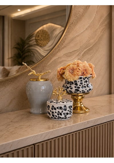 Dekoratif - Salon Seti Gri Leopar Gold