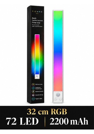 Tıcaro 32 Cm Rgb Sensörlü Şarjlı Led Dolap Işığı, 72 Led, 2200 Mah, Tekli Gümüş