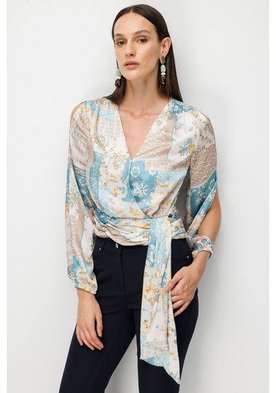 Ekol Kadın Beli Fularlı Desenli Crop Bluz 2094 Turkuaz