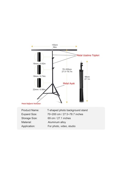 150 200cm T Stand Bar Fon Tutucu + Yeşil Fon Perde Greenbox Background Backdrop Çekim T-shape