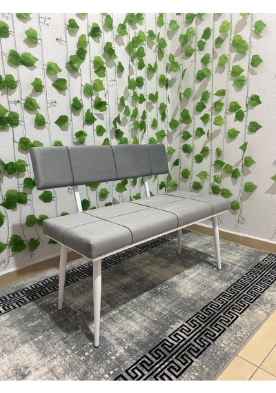 Özcan Metal Beyaz Metal Ayaklı Sırtlı Gri Mutfak Salon Antre Yatak Odası Puf Bank Oturak Bench Gri