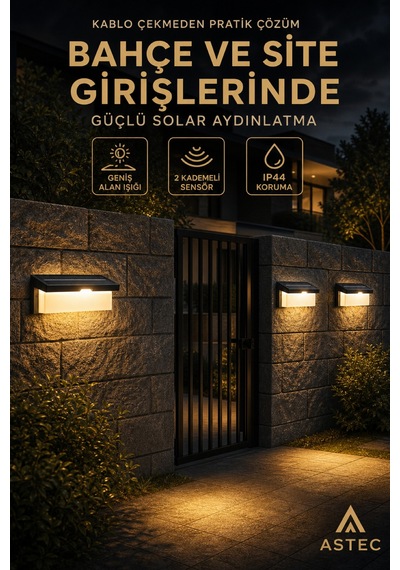 Astec Solar Duvar Apliği 40w 3200k Gün Işığı Su Toz Geçirmez Sensörlü Bahçe Ve Dış Mekan Lambası