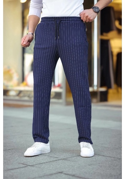 Efnaz Style Erkek Cizgili Dokuma Krep Jogger Buggy Pantalon Rahat Kalıp - Lacivert