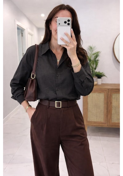 Lijuri Siyah Oversize Keten Gömlek 3510