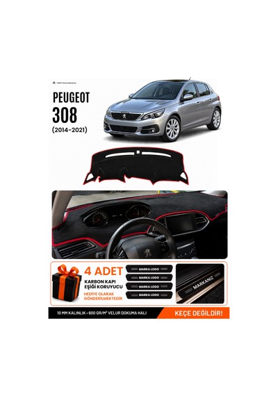 Peugeot 308 2014-2021 Uyumlu Torpido Örtüsü, Torpido Kılıfı - Siyah Kırmızı