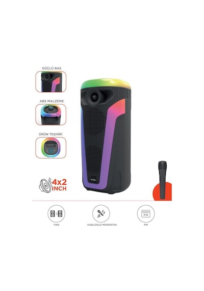 D69 Siyah Rgb Ledli Kablosuz Mikrofonlu Radyolu Taşınabilir Bluetooth Hoparlör Parti Speaker