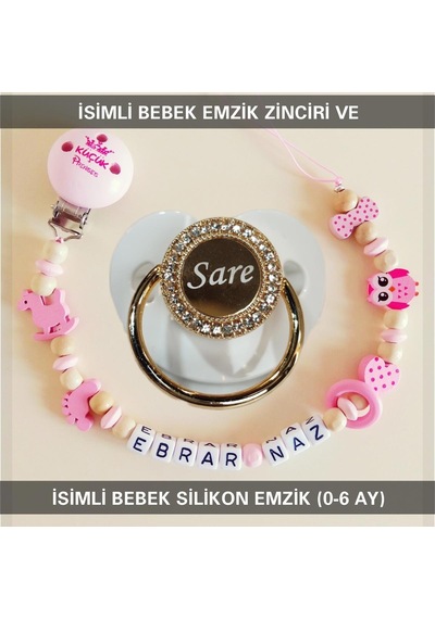 Sahi Aksesuar İsimli Bebek Emzik Zinciri ve Bebek Silikon Emzik BEZYI228 Gri - Pembe