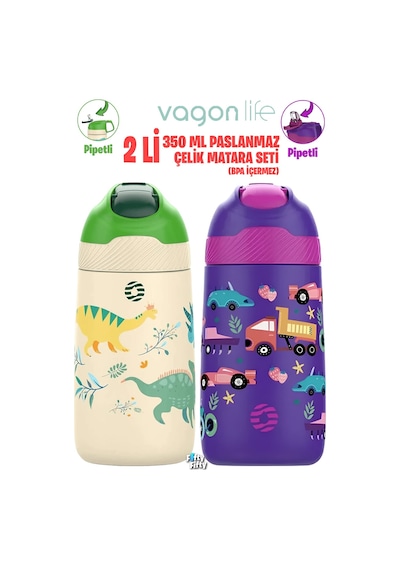 Vagonlife 2'li Set 350 Ml Çocuk Pipetli Çelik Matara Paslanmaz Çelik Termos 5 Farklı Renk 2055-350ml Yeşil-mor