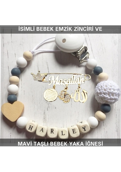 İsimli Bebek Emzik Zinciri ve Beyaz Taşlı Bebek Yaka İğnesi Beyaz