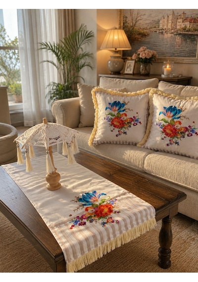 Missidea Naturel Ledsiz Dekaratif Bali Şemsiyesi Ve Vintage Çiçek Desenli Seti Ledsiz Şemsiye+runner Ve 2'li Kırlent Kılıfı Krem