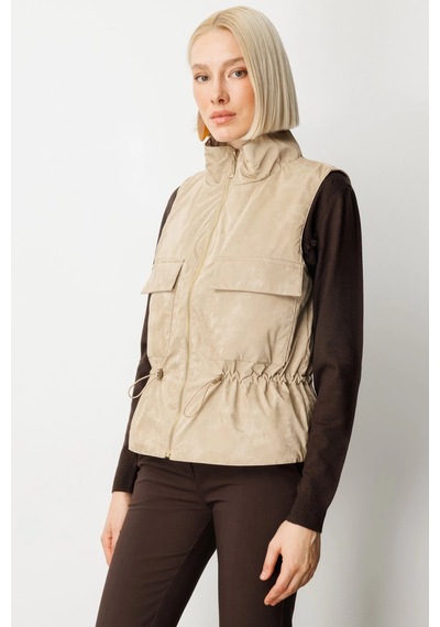 On Fashion Cepli Dik Yaka Kadın Bej Yelek 60998 Bej
