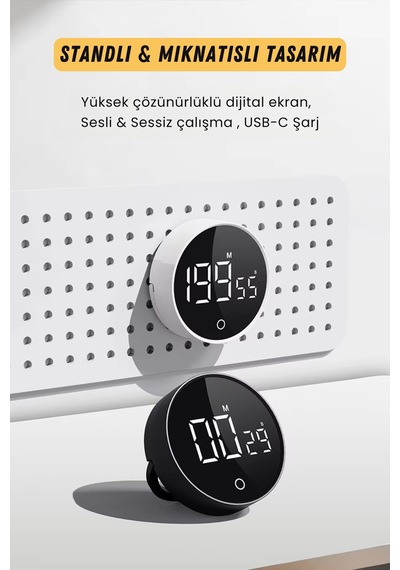 GWORKE Rt-1 Mıknatıslı Zamanlayıcı, Mutfak Kronometresi, Pomodoro, Öğrenci Ders Çalışma Saati - Siyah