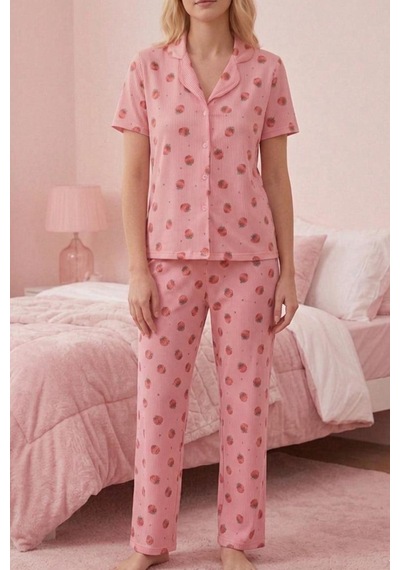 Çilek Desenli Düğmeli Kısa Kollu Pijama Takımı 4588 Pembe
